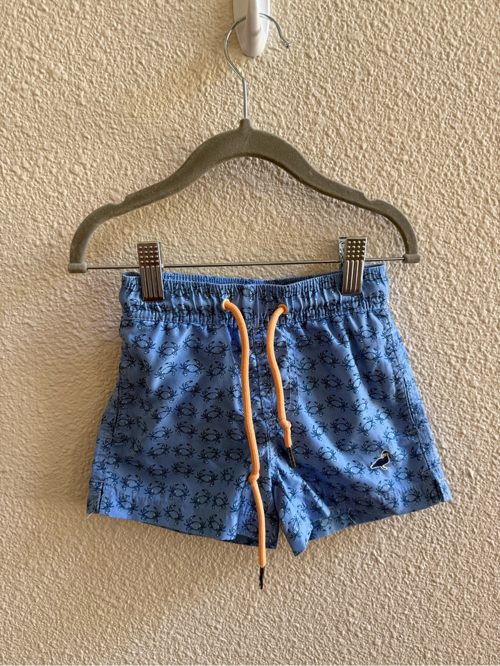 Properly Tied Boys Blue Crab-Print Swim Trunks with peach Drawcord